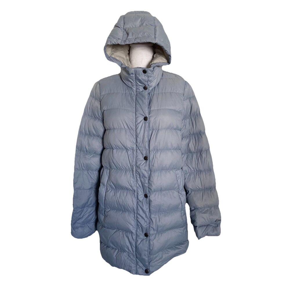 EDDIE BAUER Down Packable Puffer Jacket Women’s Small Light Blue Hooded Winter